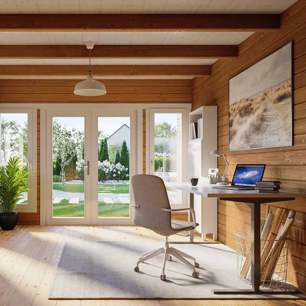 Holz-Gartenhaus von Finnhaus Wolff als Gardenoffice von innen mit Blick auf den Garten.