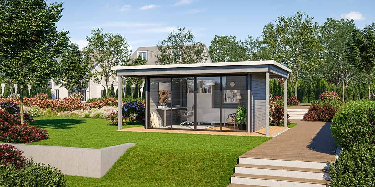 Gardenoffice von Finnhaus Wolff mit großer Kunststoff-Schiebetür