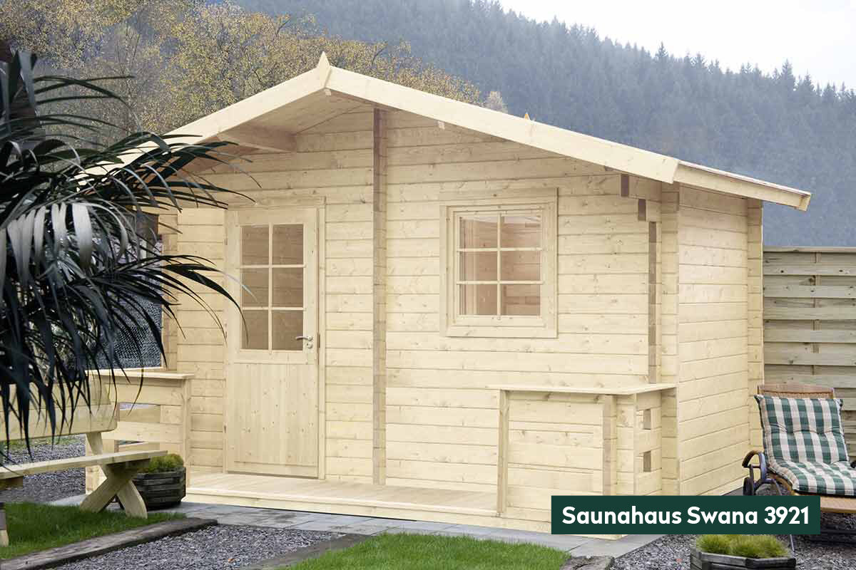 Saunahaus „Swana“ in Garten, hochwertige Gartensauna.