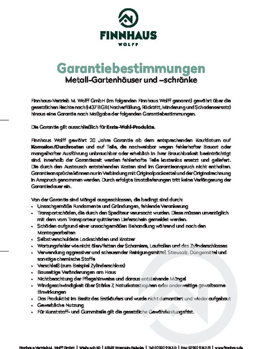 Garantiebestimmungen Metall-Gartenhäuser und Metallschränke | 20 Jahre