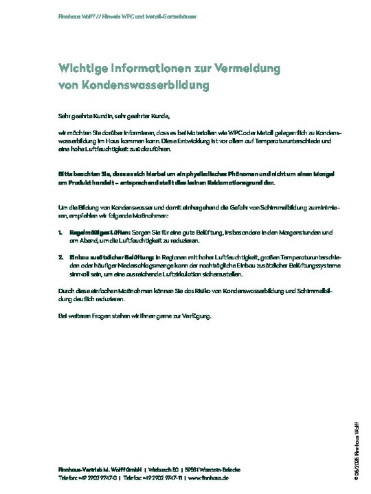Informationen zur Vermeidung von Kondenswasserbildung bei WPC- und Metall-Gartenhäusern
